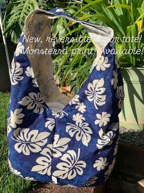Reversible Monstera Print Tote Bag - Navy & Cream